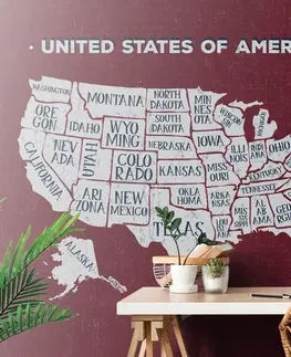 Samolepiace tapety Samolepiaca tapeta náučná mapa USA s bordovým pozadím