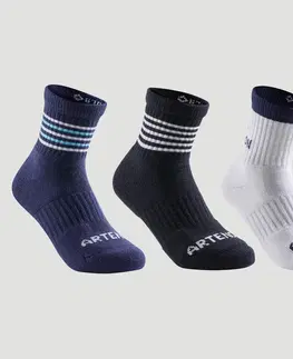 bedminton Detské športové ponožky RS 500 vysoké 3 páry tmavomodré, biele, čierne