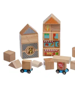 Drevené hračky LUCY & LEO - 174 Mesto - sada drevených kociek s dvoma autíčkami - 25 dielov