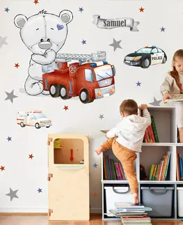 Nálepky na stenu Nálepky na stenu pre chlapcov - Zásahové autá a macík do detskej izby