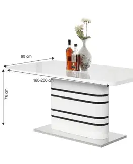 Jedálenské stoly Jedálenský rozkladací stôl, biela vysoký lesk HG/čierne pásy, 160-200x90 cm, TUBAL