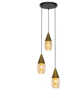 Zavesne lampy Moderné závesné svietidlo zlaté s jantárovým sklom 3-svetlo - Drop