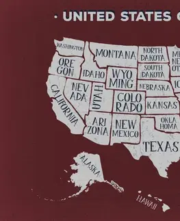 Obrazy na korku Obraz na korku náučná mapa USA s bordovým pozadím