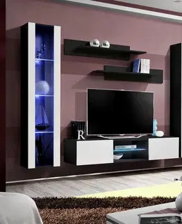 Podkrovný nábytok Obývacia stena Fly O2+Sklo Biely/čierna  + LED