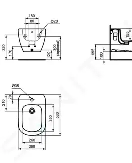 Bidety IDEAL STANDARD - Tesi Závesný bidet, 360x530 mm, s prepadom, otvor na batériu, biela T457001