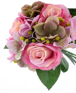Kvety Umelá kytice Ruže s hortenziou, tmavoružová