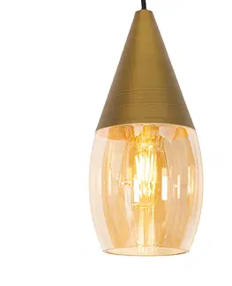 Zavesne lampy Moderné závesné svietidlo zlaté s jantárovým sklom 3-svetlo - Drop