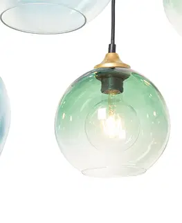 Zavesne lampy Závesné svietidlo mosadzné s modrým a zeleným sklom 8 svetiel - Sandra