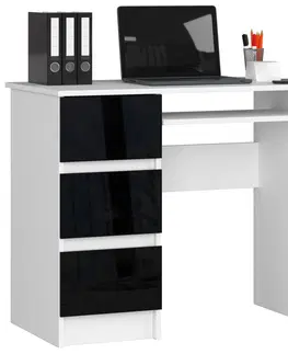 Písacie stoly Dizajnový písací stôl JIŘÍ90L, biely / čierny lesk