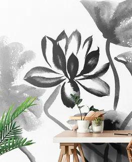 Čiernobiele tapety Tapeta akvarelový čiernobiely lotosový kvet