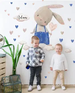 Nálepky na stenu Detské nálepky na stenu - Zajko s modrými nálepkami a menom, personalizovaná nálepka