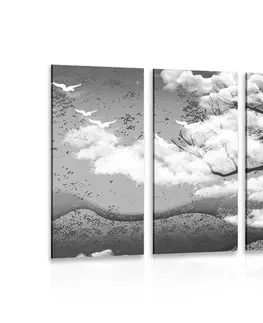 Čiernobiele obrazy 5-dielny obraz čiernobiely strom zaliaty oblakmi