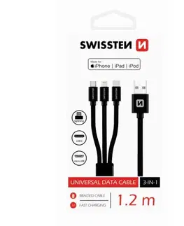 Dáta príslušenstvo Dátový kábel Swissten textilný 3 v 1 a s podporou rýchlonabíjania, čierny 72501101