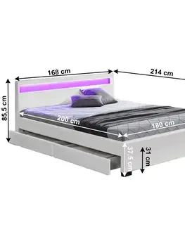 Postele Manželská posteľ, RGB LED osvetlenie, biela ekokoža, 160x200, CLARETA