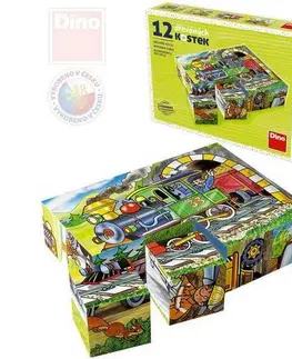 Drevené hračky Kocky kubus Mašinka drevo 12ks v krabičke 16x12x4cm