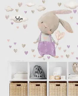 Nálepky na stenu Nálepka pre dievčatko - Fialový zajko so srdiečkami a menom