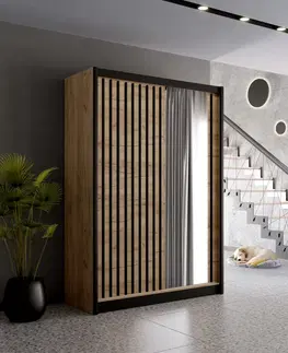 Šatníkové skrine Skriňa s posuvnými dverami, dub craft/čierna, 150x215 cm, LADDER