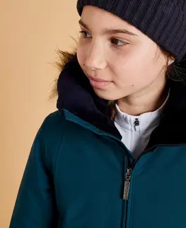 bundy a vesty Detská hrejivá jazdecká bunda 500 Warm nepremokavá zeleno-modrá