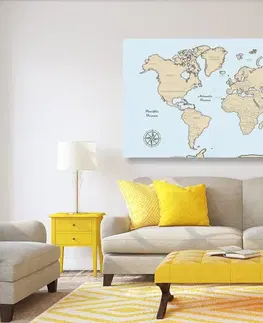 Obrazy mapy Obraz béžová mapa sveta na modrom pozadí