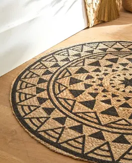 Koberce Okrúhly jutový koberec s čiernou potlačou