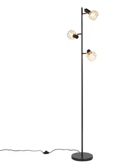 Stojace lampy Stojacia lampa čierna s medenými 3-svetlami - Mesh