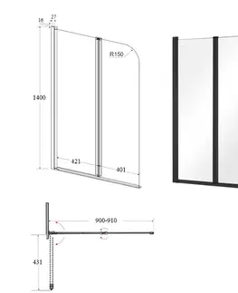 Sprchové dvere HOPA - Vaňová zástena PRIME 2 - FARBA rámu - Čierna, Rozmer A - 90 cm, Smer zatvárania - Univerzálny Ľavé / Pravé, Výplň - Číre bezpečnostné sklo - 5 mm BCPRIM90BC