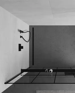 Sprchové dvere MEXEN/S - Kioto+ Sprchová zástena WALK-IN s poličkou a držiakom uterákov 130 x 200, čierna vzor, čierna 800-130-121-70-77