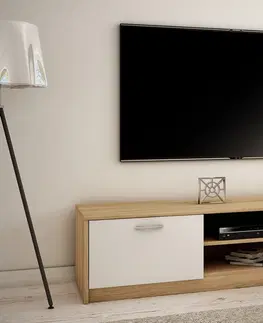 TV stolíky MAREK 028 TV stolík s dvierkami a policami 160cm, sonoma/biela