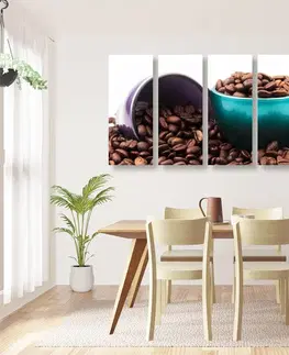 Obrazy jedlá a nápoje 5-dielny obraz šálky s kávovými zrnkami