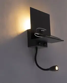 Nastenne lampy Moderné nástenné svietidlo čierne 2-svetlo s USB a ohybným ramenom - Flero