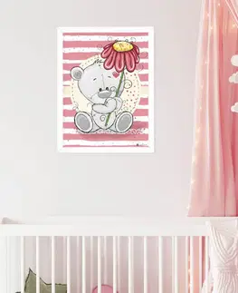 Obrazy do detskej izby Tabuľka milučkého macka s kvetom