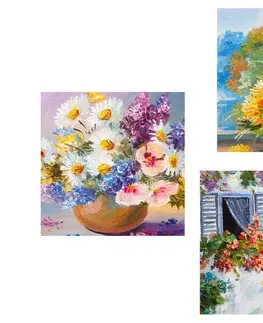 Zostavy obrazov Set obrazov maľované kvety vo váze s prírodou