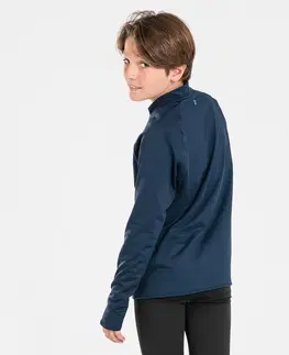 bežecké oblečenie Detské bežecké tričko s dlhým rukávom s 1/2 zipsom Warm 100 hrejivé tmavomodré