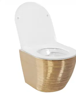 Záchody REA - Závesná WC misa vrátane sedátka RIMLESS Carlo Flat Brush zlato / biela REA-C6942