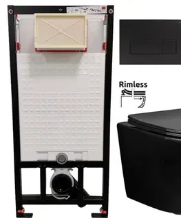 Záchody DEANTE Podstavný rám, pre závesné WC misy + SLIM tlačidlo černé + WC REA CARLO MINI RIMFLESS ČERNÁ + SEDADLO CST_WC01 N51P CL1
