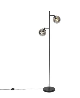 Stojace lampy Stojaca lampa v štýle Art Deco čierna s dymovým sklom 2-svetlo - Pallon