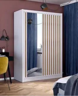 Šatníkové skrine Skriňa s posuvnými dverami, biela/dub craft, 150x215 cm, LADDER