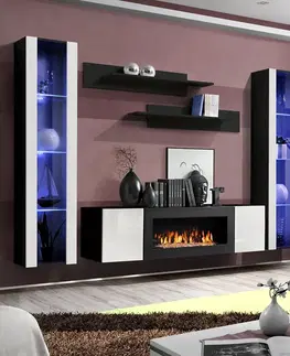 Podkrovný nábytok Obývacia stena + Biokrb Fly M2 + sklo biela/čierna+ LED
