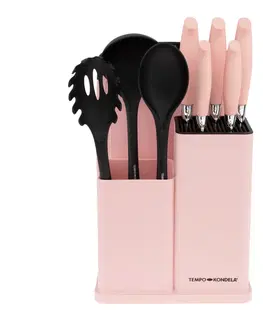 Sady nožov TEMPO-KONDELA KAHON, sada nožov a kuchynského náradia, 10 ks, v stojane, ružová