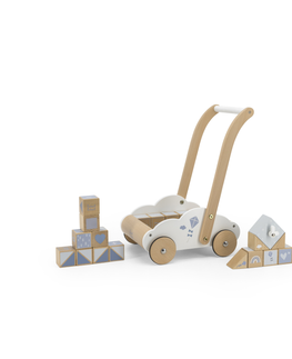 Drevené hračky LABEL-LABEL - Detský vozíček s kockami, modrý