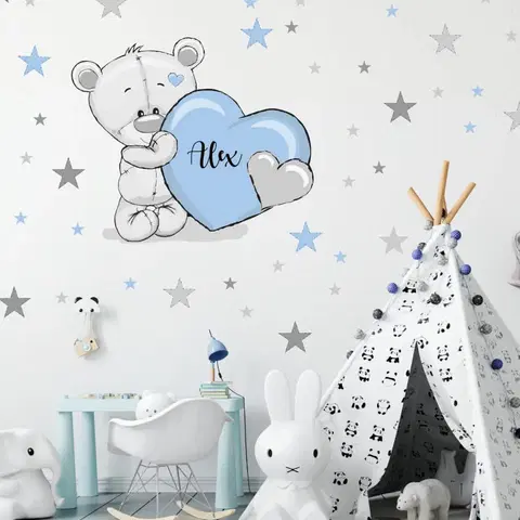 Nálepky na stenu Nálepky do detskej izby - Medvedík s hviezdami v modrej farbe