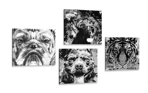 Zostavy obrazov Set obrazov zvieratá v čiernobielom prevedení pop art štýlu