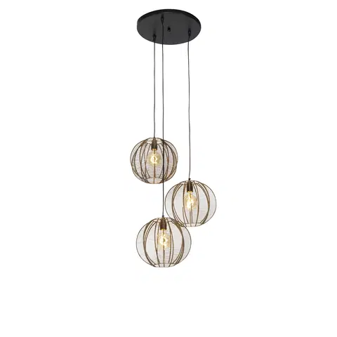 Zavesne lampy Priemyselné závesné svietidlo bronz s čiernymi okrúhlymi 3 svetlami - Dong