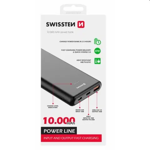 Powerbanky Swissten Power Line powerbanka 10 000 mAh 20 W, PD, čierna 22013912