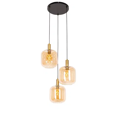 Zavesne lampy Dizajnové závesné svietidlo čierne s mosadzou a jantárovým sklom 3 svetiel - Zuzanna