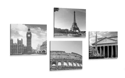 Zostavy obrazov Set obrazov pre milovníkov cestovania v čiernobielom prevedení