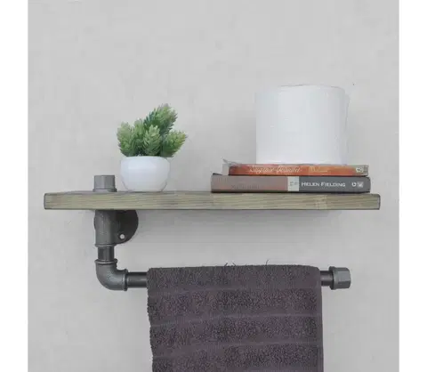 Kúpeľňové skrinky  Nástenná polica s držiakom uteráka BORURAF 16x40 cm smrek/čierna 