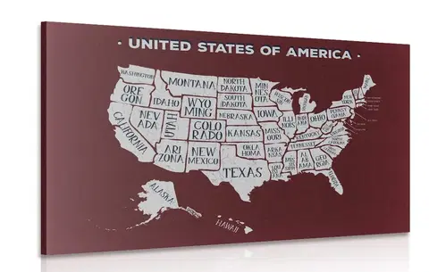 Obrazy mapy Obraz náučná mapa USA s bordovým pozadím