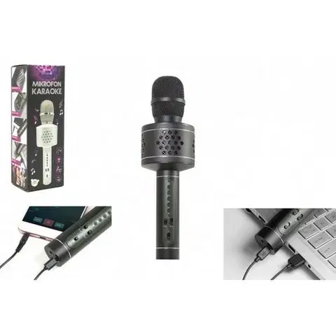 Drevené hračky Teddies Mikrofón karaoke Bluetooth, čierna, na batérie, s USB káblom