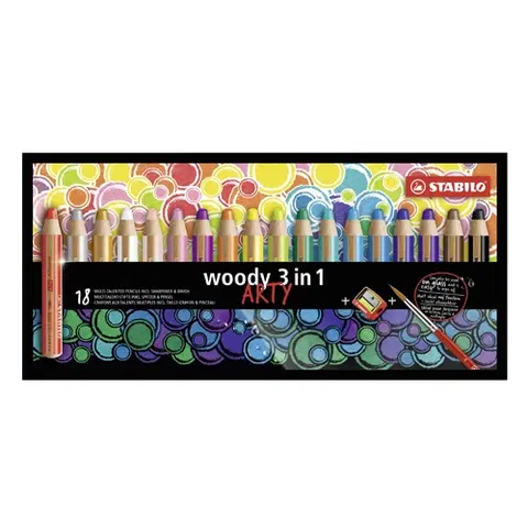 Hračky STABILO - Pastelky woody 3 v 1 ARTY- farbička, vdodovka, voskovka - 18 ks + strúhadlo+štetec